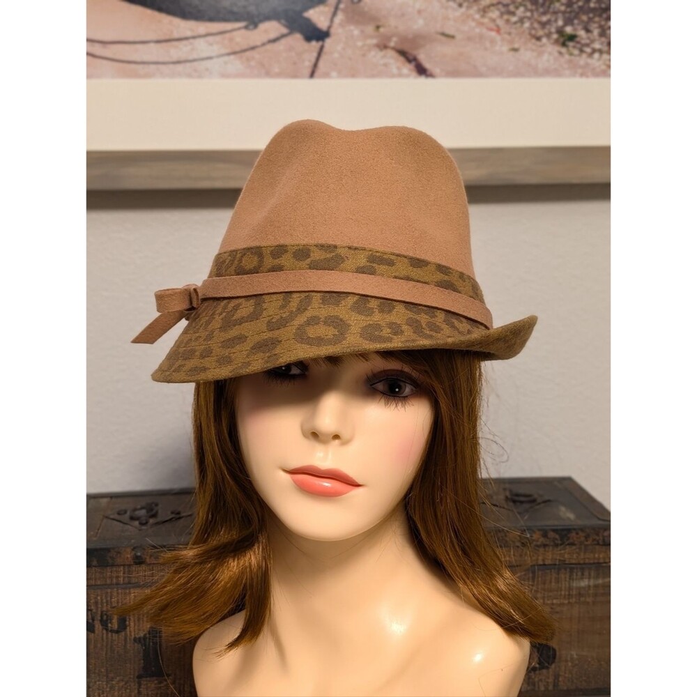 Wool Blend Hat Camel Leopard Print Brim Band Adjustable XL Fedora